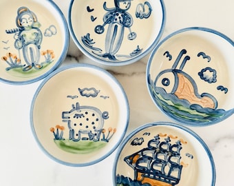 Vintage MA Hadley Cereal Bowls. Hadley Pottery. Vintage American Pottery. Country Scene, Ship and Whale, Skier. Sold Separately