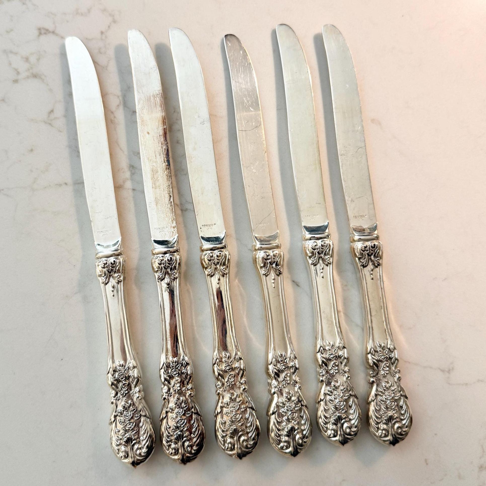 FB Rogers French Rose Silverplate Knives: Set of 6 Floral Baroque