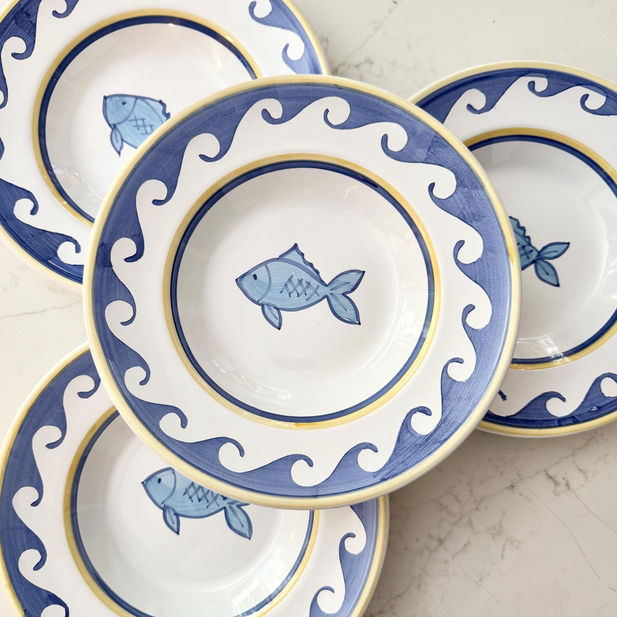Vintage Pottery Barn Soup Bowl: Blue Wave & Fish, Italian Ceramic