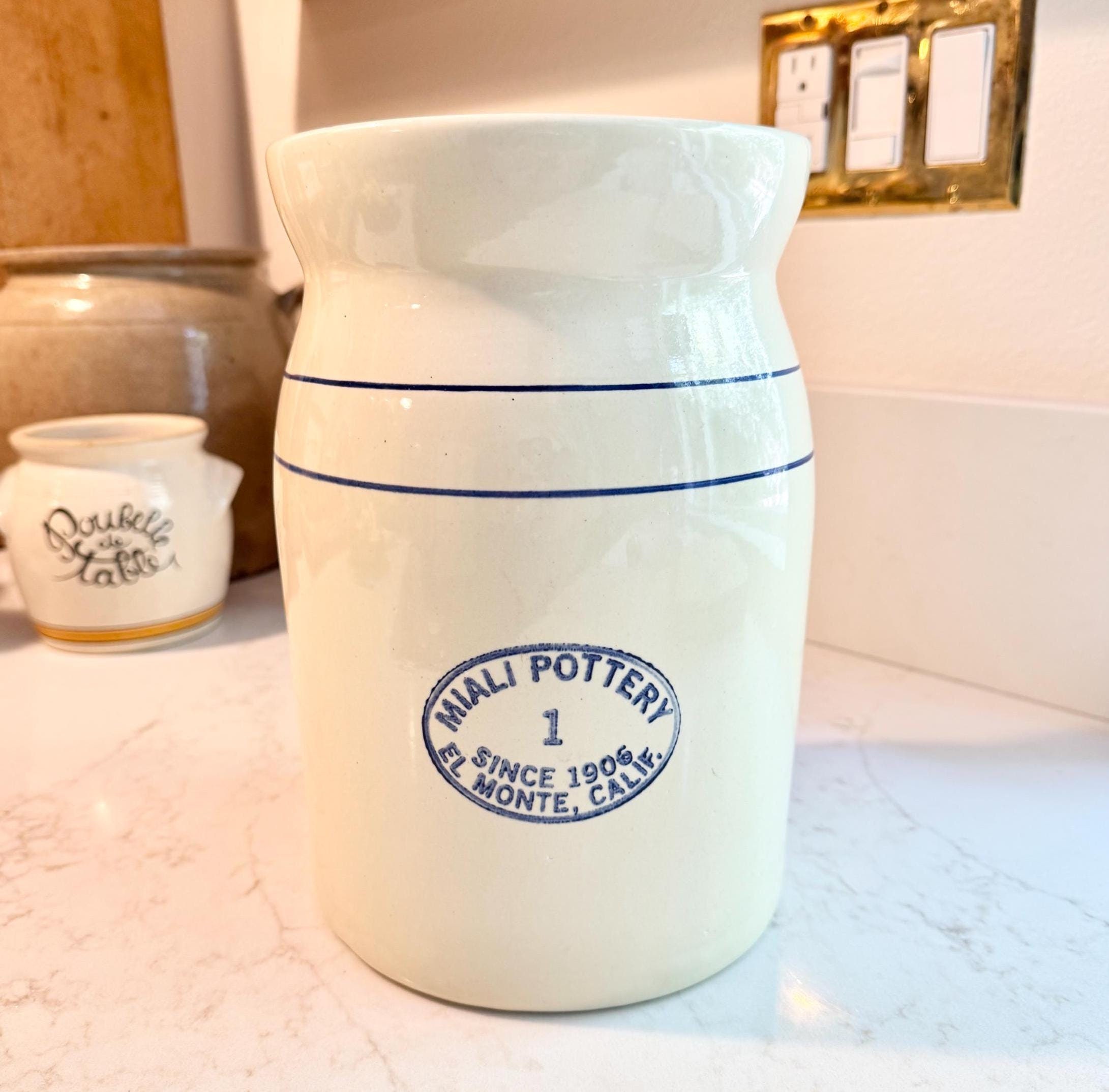 Vintage Miali Pottery Crock: 1.25 Gallon Stoneware Butter Churn (No Lid)
