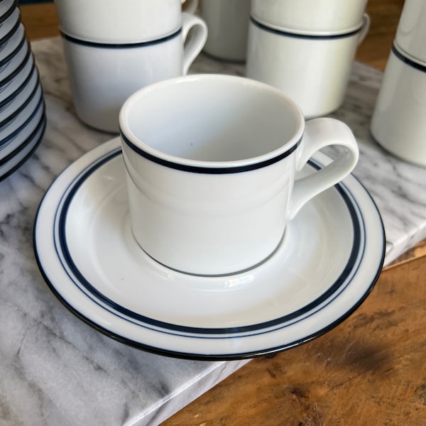 Dansk Bistro Christianshavn Blue Stripe Cup and Saucer Sets. Blue and White Flat Cup and Saucer. Preppy Grand Home Decor. Vintage Dishware