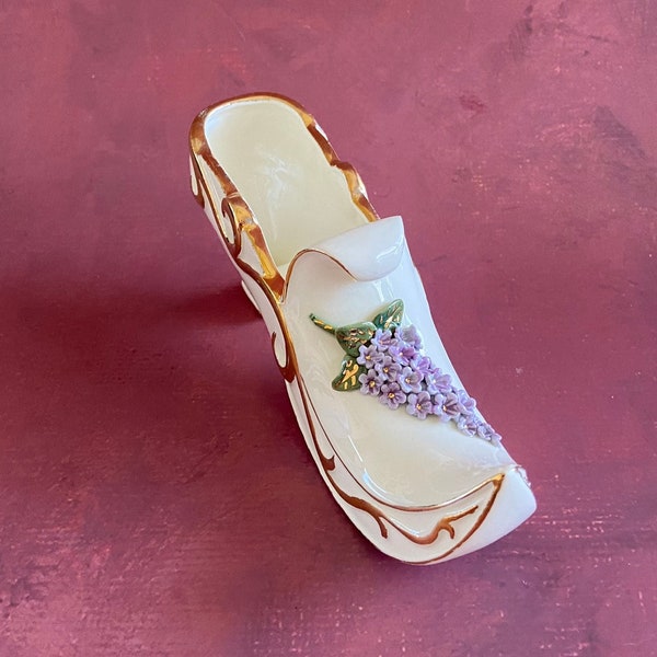 White Ceramic Shoe with Lilac Floral and Gold Paint Details Hand-Crafted