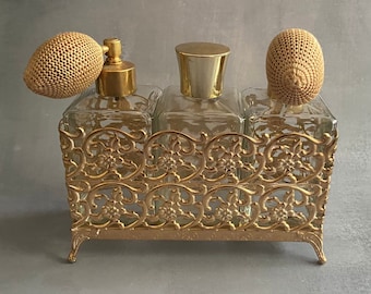 Vintage Gold-Toned Perfume Bottle Vanity Set Hollywood Regency Ormolu Gilded