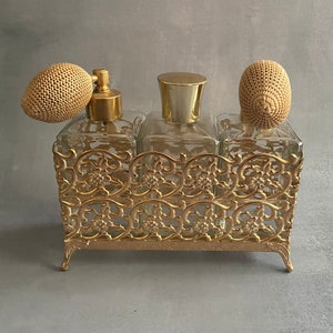 Vintage Gold-Toned Perfume Bottle Vanity Set Hollywood Regency Ormolu Gilded