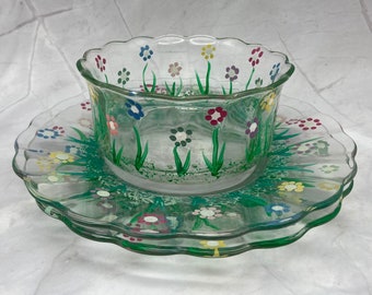 Hand-painted Spring Flower Glass Plates and Bowl