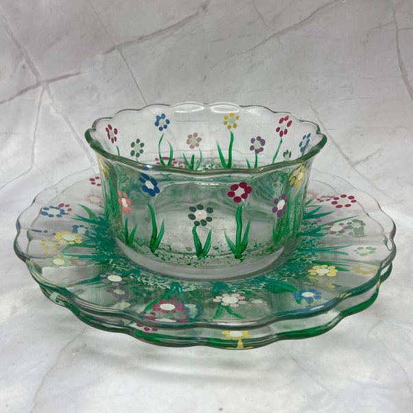 Hand-painted Spring Flower Glass Plates and Bowl