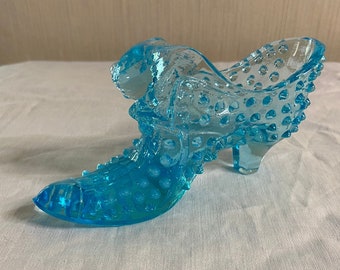 Blue Fenton Style Vintage Hobnail Glass Shoe