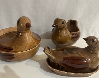 Vintage California Clemensons keramische duif bruine vogelcontainers beeldjes