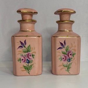 Vintage Imoges Pink Porcelain Vanity Set of 2 Perfume Bottles Vanity Jars Hand-Painted
