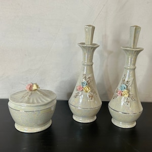 Vintage Porcelain Vanity Set Perfume Bottles and Powder Jar