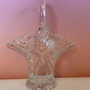 Vintage Duncan & Miller Clear Etched Floral Glass Bridal Wedding Flower Basket