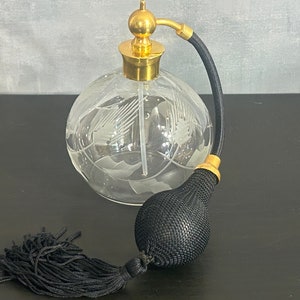 Vintage Murano Klar geätzte Kunst Glas Parfüm Flasche mit Schwarz und Gold Zerstäuber