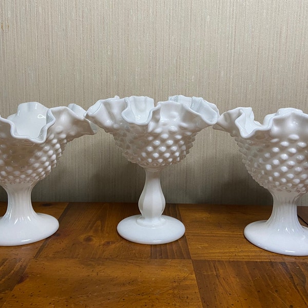 Fenton White Milk Glass Hobnail Glass Compote