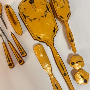 Vintage 12 Piece Lucite Vanity Set Mirror Brush Manicure Tools Crochet Hook Powder Jars