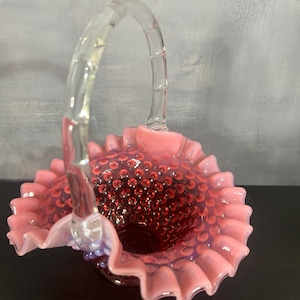Vintage Fenton Hobnail Glass Bridal Wedding Basket Pink Cranberry