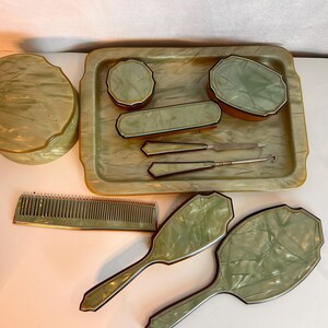 Vintage 10 Piece Opalescent Green Empress Vanity Set Mirror  display picture 3