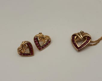 Vintage Gold-plated Ruby Heart Necklace and Earrings 925 Silver Cubic Zirconia