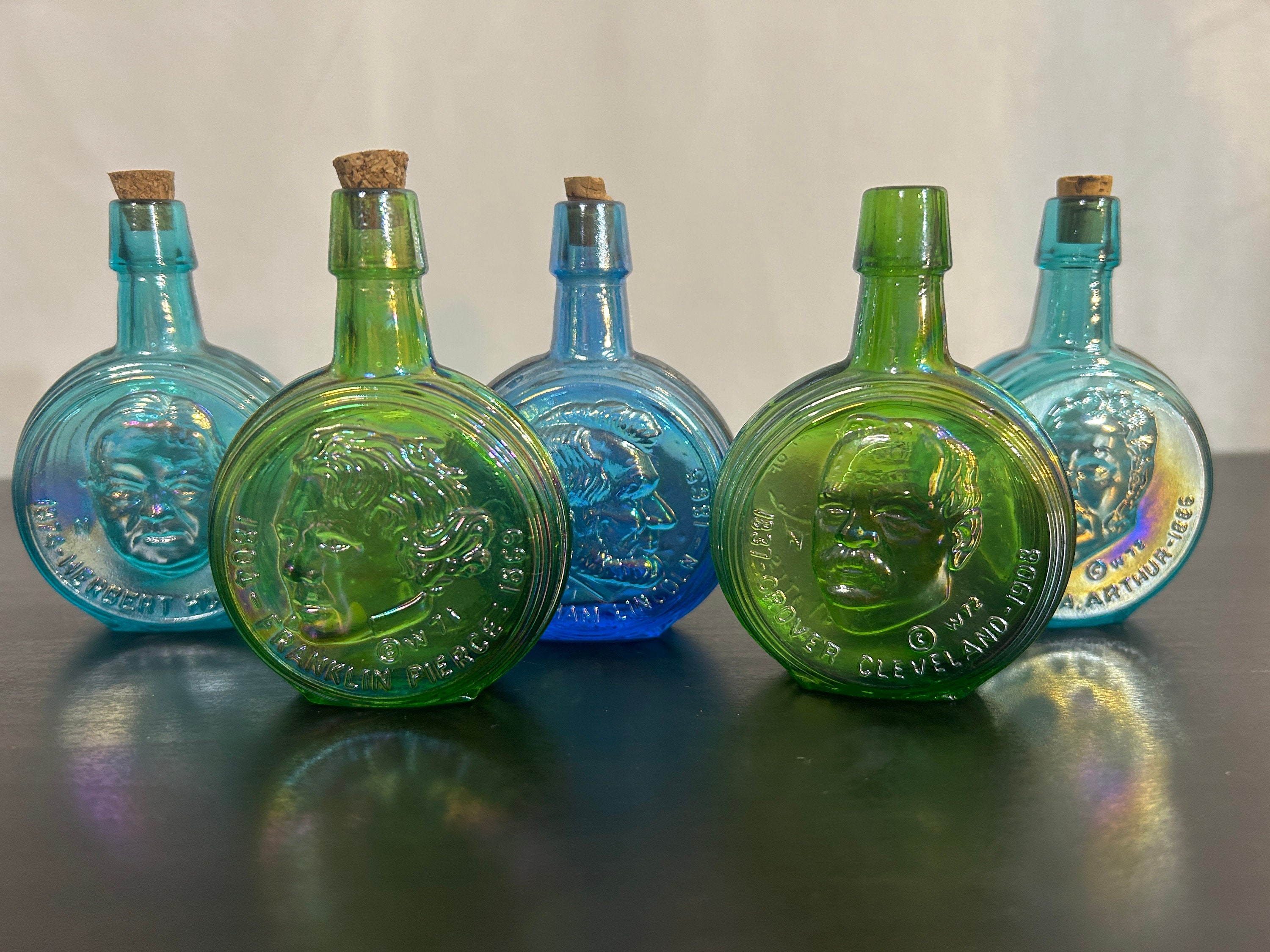 Vintage Small Wheaton Iridescent Colored Glass Bottles U S President