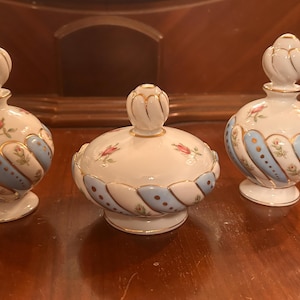 Vintage IRice Blue and White Porcelain Vanity Set of 2 Perfume Bottles and a Powder Jar Trinket Dish Hand-Painted Made in Japan