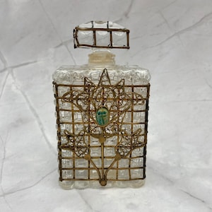 Vintage Perfume Bottle Gold-tone Metalwork over Glass with Turquoise Stone