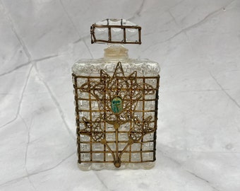 Vintage Perfume Bottle Gold-tone Metalwork over Beveled Glass with Turquoise Stone