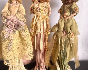 Vintage Porcelain Victorian Dresser Tassel Dolls Each Sold