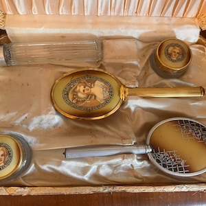 Vintage 8-Piece Gold-toned Cameo Vanity Set Hand Mirror Brush Glass Powder Jars in Original Box