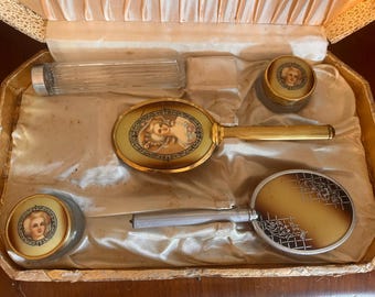 Vintage Gold-toned Cameo Vanity Set, 8-Piece in Original Box