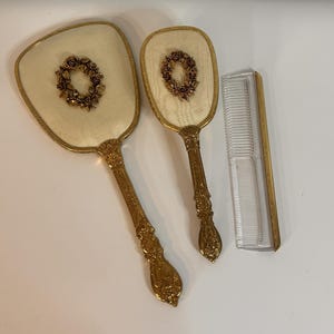Vintage Gold-Plated Globe Vanity Set Hand Mirror Brush Comb Rococo Style