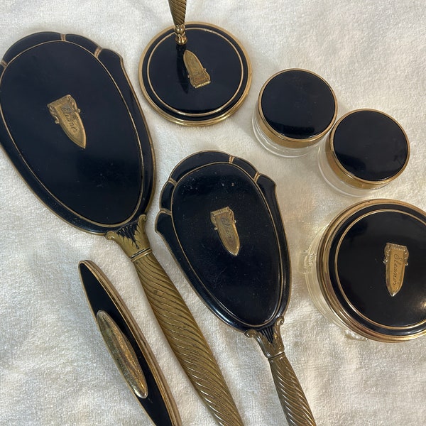 Vintage 10 piezas negro vanidad conjunto espejo cepillo peine polvo tarros y espejo de maquillaje