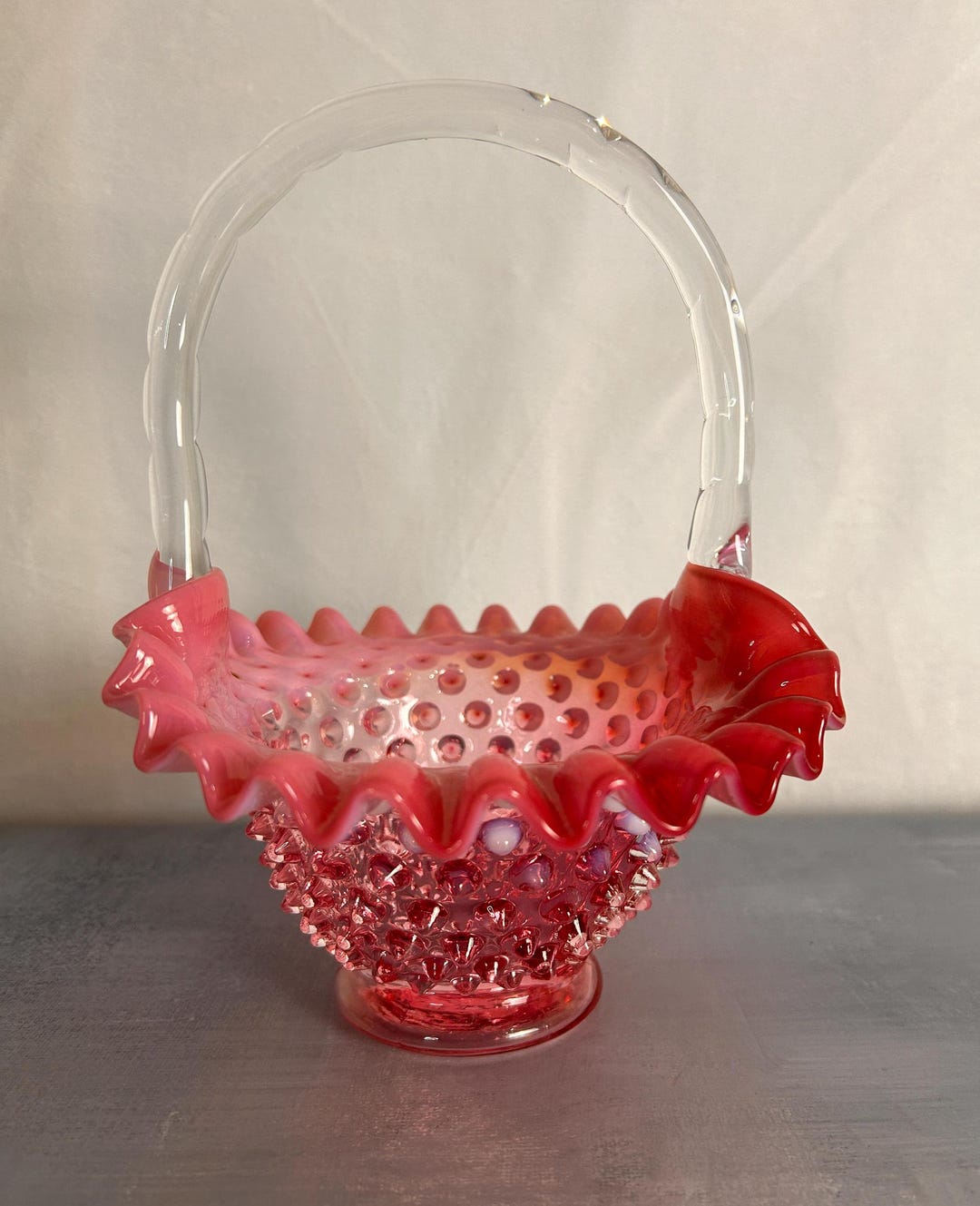 Vintage Fenton Hobnail Glass Basket Pink and White Cranberry Bridal ...