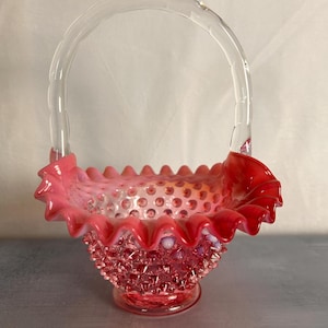 Vintage Fenton Hobnail Glass Basket Pink and White Cranberry Bridal Wedding