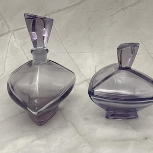 Vintage Bohemian Purple Glass Vanity Set of Perfume Bottle and Powder Jar Trinket Dish Victorian Lavender