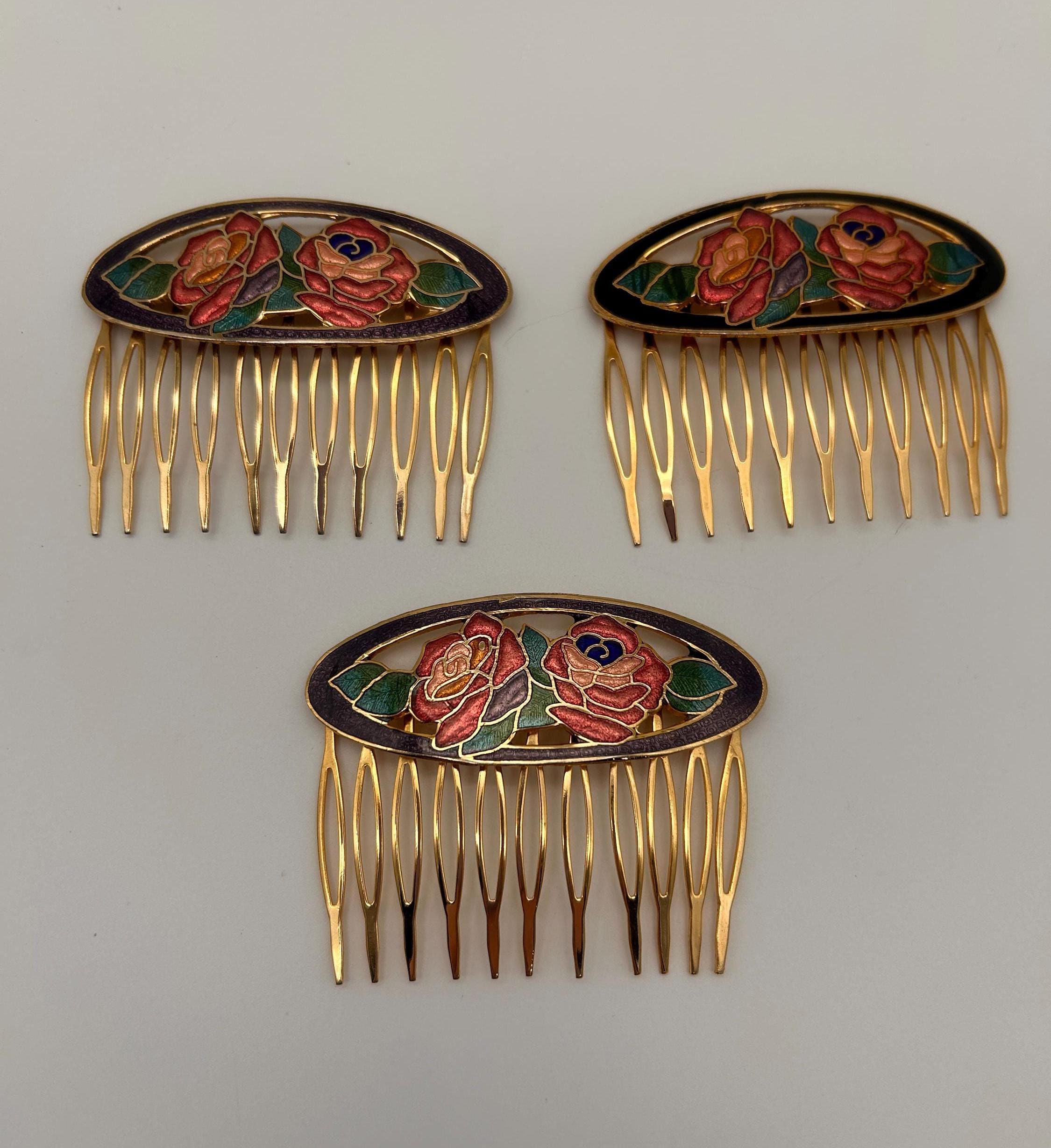 Vintage Cloisonne Enamel Floral Rose Hair Combs Sold  display picture 1
