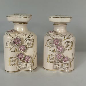 Vintage Imoges Pink Porcelain Vanity Set of 2 Perfume Bottles Vanity Jars Hand-Painted