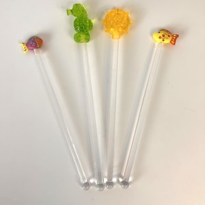 Vintage Set of 4 Swizzle Sticks Ocean Sea Theme Fish Seahorse