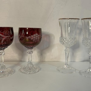 Vintage Etched Cut Clear and Ruby Red Stemmed Wine Glasses Valentines at Home