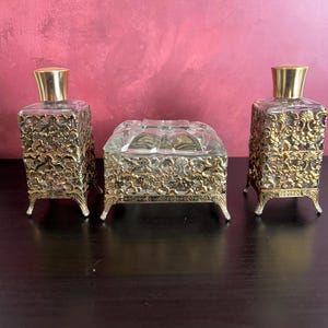 Vintage Goldtone Hollywood Regency Ormolu Vanity Set Perfume Bottles and Powder Jar