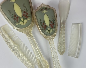 Vintage Five-Piece Green Lucite Vanity Set Mirror, Brush, Shoehorn and Combs