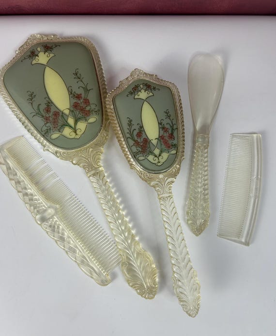 Vintage DuPont Lucite Vanity Set Mirror Brush Comb Floral Art Deco Boudoir Vintage Dupont Lucite Vanity Set: Mirror, Brush & Comb - Etsy main image 3