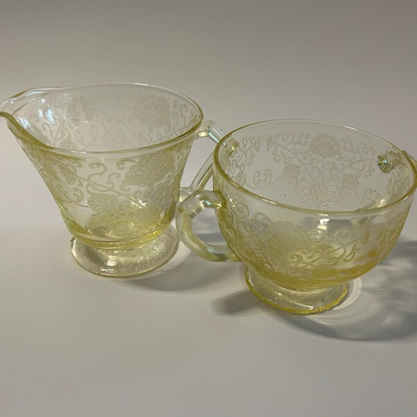 Vintage Hazel Atlas Florentine Yellow Etched Cream and Sugar Set