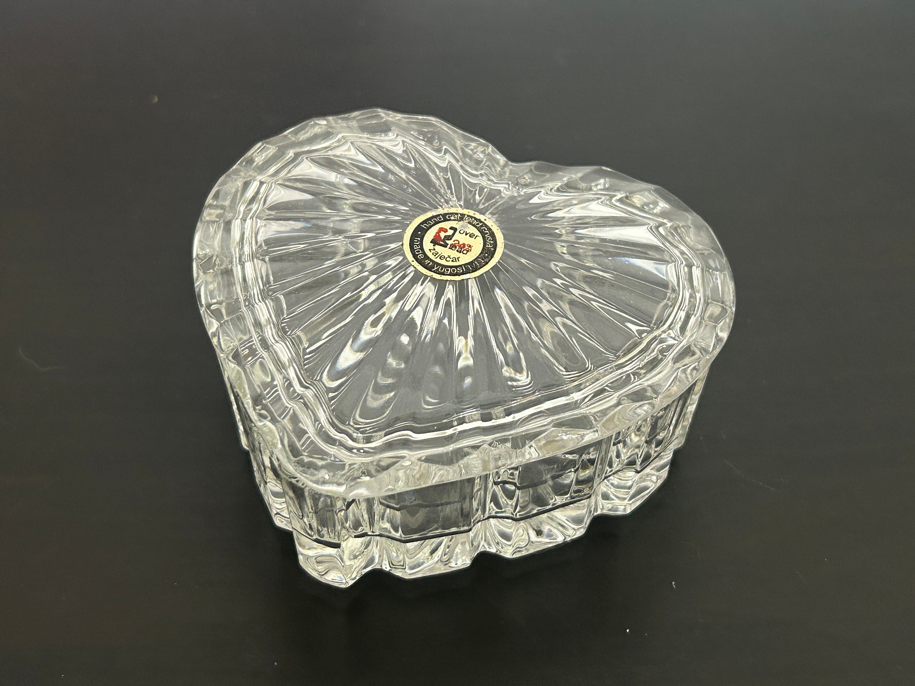Vintage Crystal Heart Clear Iridescent Glass Vanity Trinket Dish Powder Jar