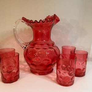 Vintage Cranberry Red Fenton Pitcher and Tumbler Set Coin Dot Pattern