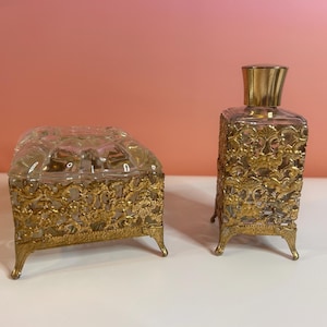 Vintage Goldtone Hollywood Regency Ormolu Vanity Set Perfume Bottle and Powder Jar