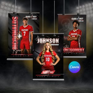 May include: Three vertical sports banners featuring soccer players in red uniforms. Each banner displays the text Class of 2027, player names, positions, and team names like Akron Spartans or Akron Patriots, set against a dark, textured background.