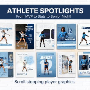 Puede incluir: Una colecci&oacute;n de diez gr&aacute;ficos digitales de jugadores de voleibol con atletas en uniformes azules. Los dise&ntilde;os incluyen texto como ATHLETE SPOTLIGHTS, PLAYER OF THE WEEK y COMMITTED, mostrando varios nombres de jugadores, n&uacute;meros y estad&iacute;sticas.
