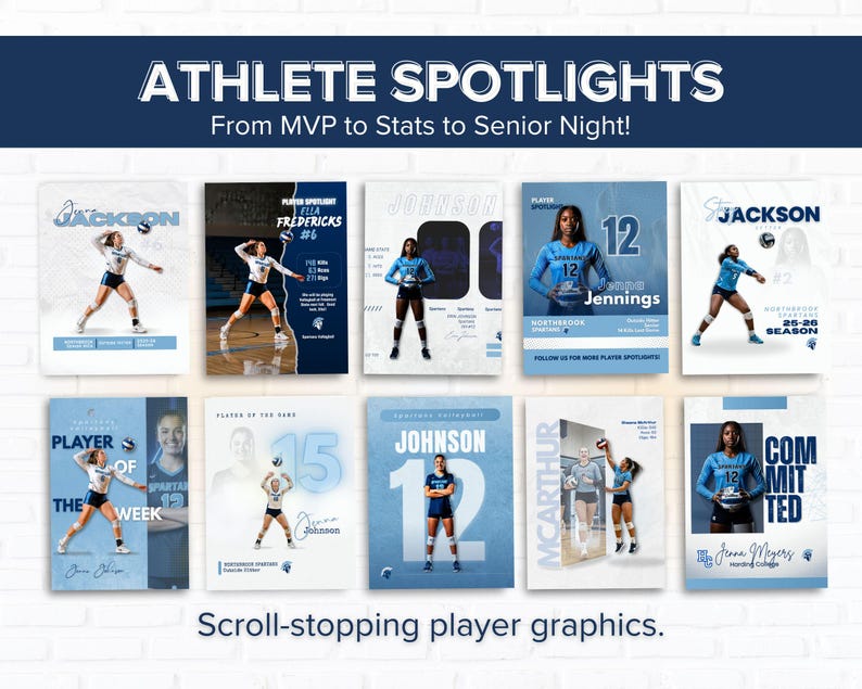 Puede incluir: Una colecci&oacute;n de diez gr&aacute;ficos digitales de jugadores de voleibol con atletas en uniformes azules. Los dise&ntilde;os incluyen texto como ATHLETE SPOTLIGHTS, PLAYER OF THE WEEK y COMMITTED, mostrando varios nombres de jugadores, n&uacute;meros y estad&iacute;sticas.
