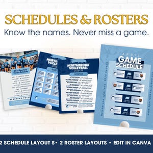 Puede incluir: Un conjunto de plantillas digitales con horarios y listas para el voleibol de Northbrook. Incluye dos dise&ntilde;os de horario y dos de lista con nombres de equipos, posiciones de jugadores y fechas de partidos. El texto dice SCHEDULES & ROSTERS, Know the names. Never miss a game, y APRIL GAME SCHEDULE.
