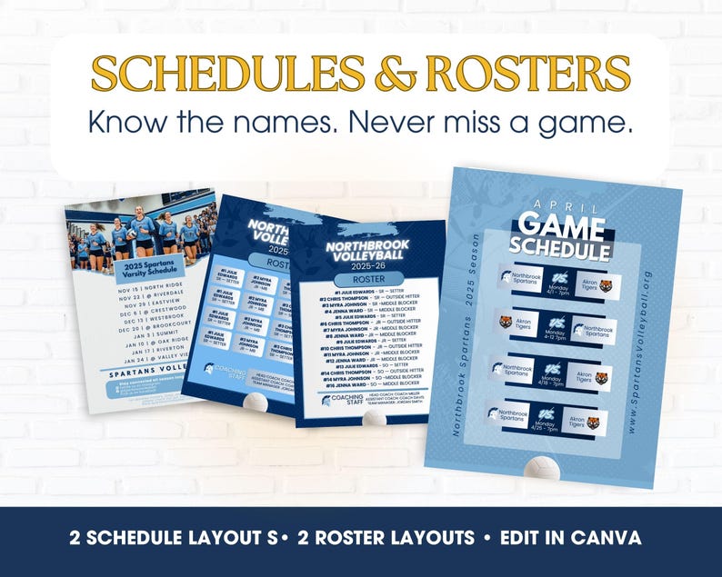 Puede incluir: Un conjunto de plantillas digitales con horarios y listas para el voleibol de Northbrook. Incluye dos dise&ntilde;os de horario y dos de lista con nombres de equipos, posiciones de jugadores y fechas de partidos. El texto dice SCHEDULES & ROSTERS, Know the names. Never miss a game, y APRIL GAME SCHEDULE.
