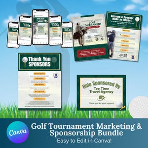 Pu&ograve; includere: Un pacchetto di marketing e sponsorizzazione di tornei di golf, tra cui mockup di social media, cartelli di ringraziamento per gli sponsor e cartelli di sponsorizzazione di buche. Facile da modificare in Canva.